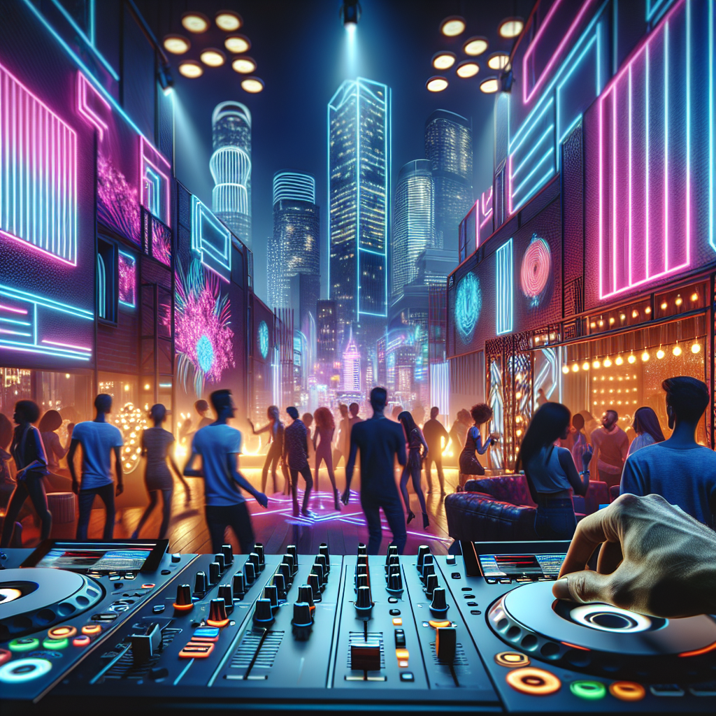 Discoteca moderna llena de luces de neón, consola de DJ con manos controlando mezclas, ambiente urbano dinámico.