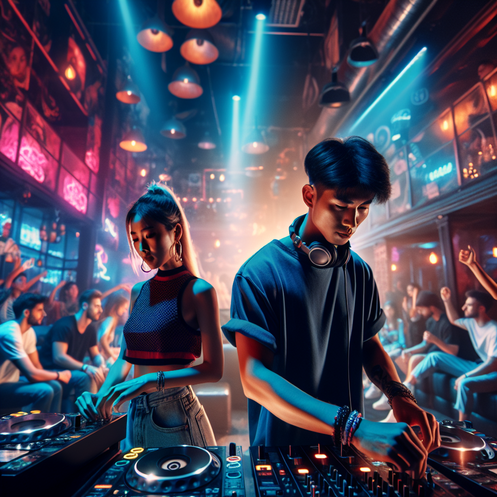 DJs frente a una multitud vibrante en una discoteca enérgica con luces de colores y decoraciones urbanas, resaltando …
