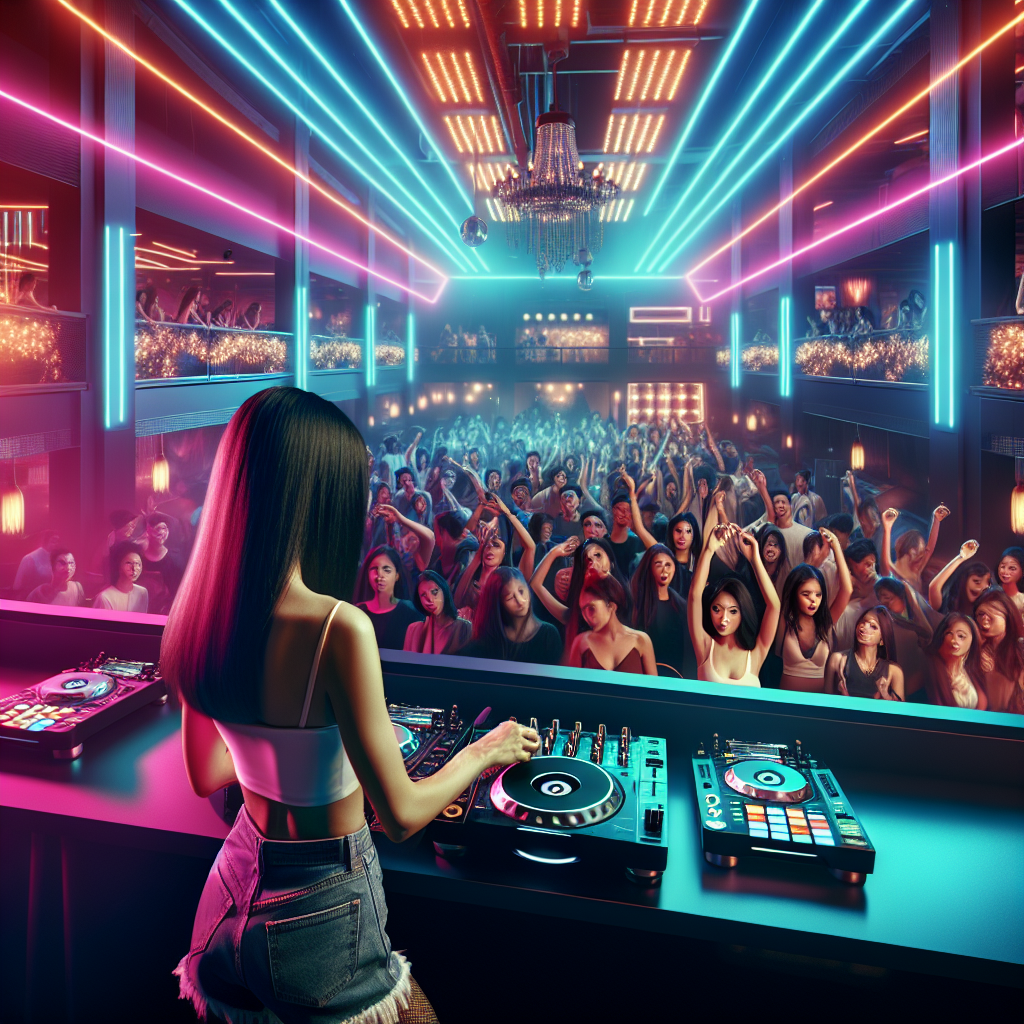 Una consola de DJ moderna en un club urbano, con luces de neón vibrantes y una multitud disfrutando en el fondo.