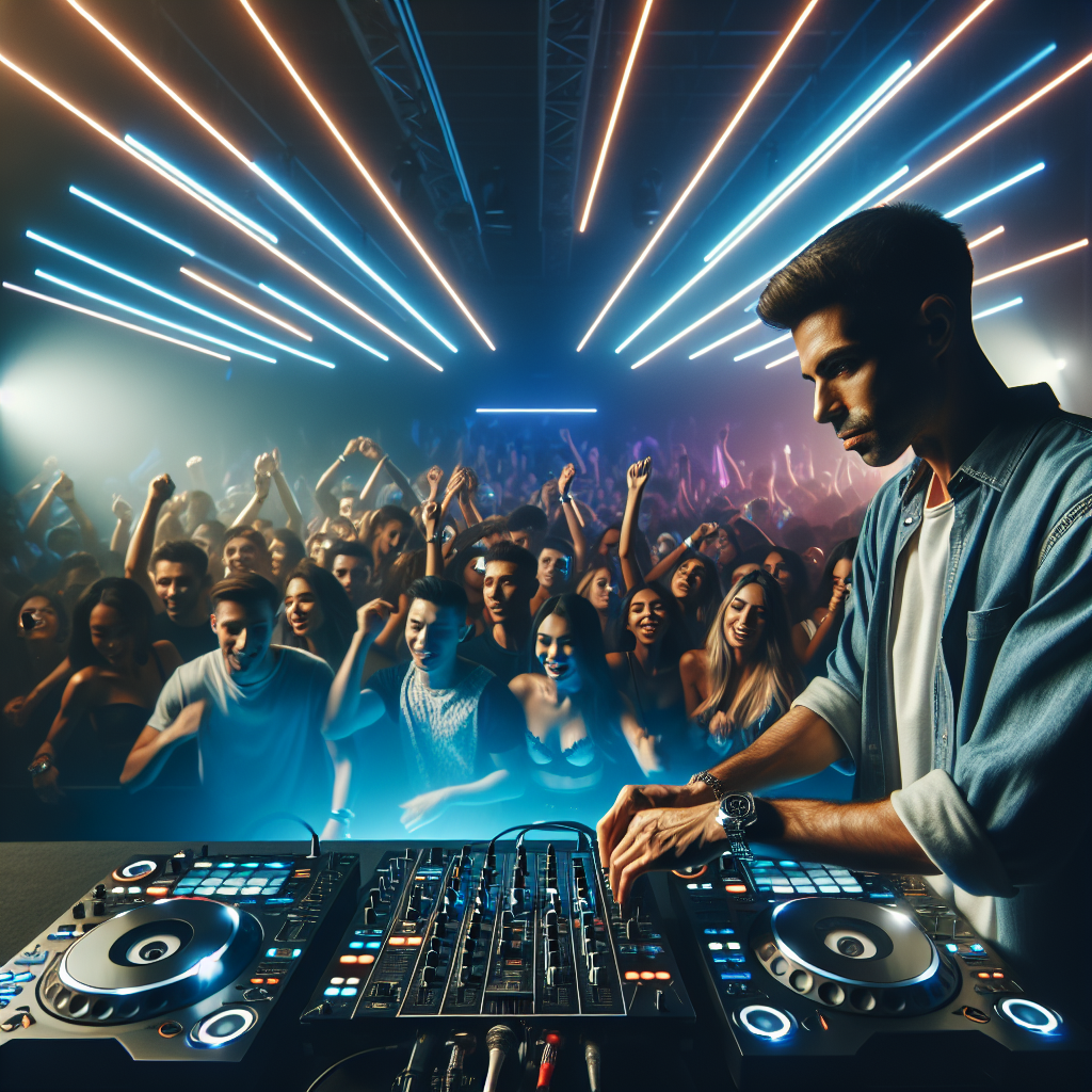 Una escena de un DJ urbano actuando sobre un escenario moderno, iluminado con luces de neón y un público entusiasta d…