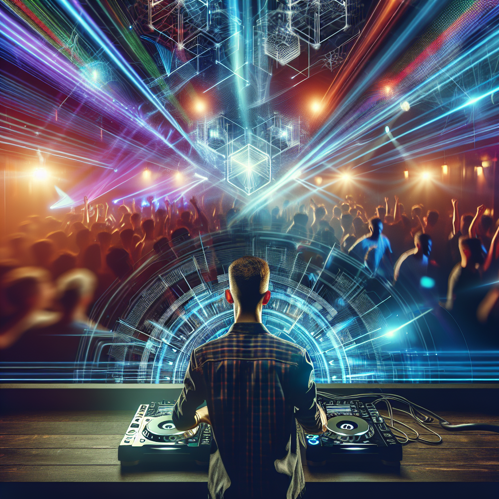 Una escena dinámica en una discoteca moderna con luces vibrantes y un DJ urbano en acción, transmitiendo energía y pr…