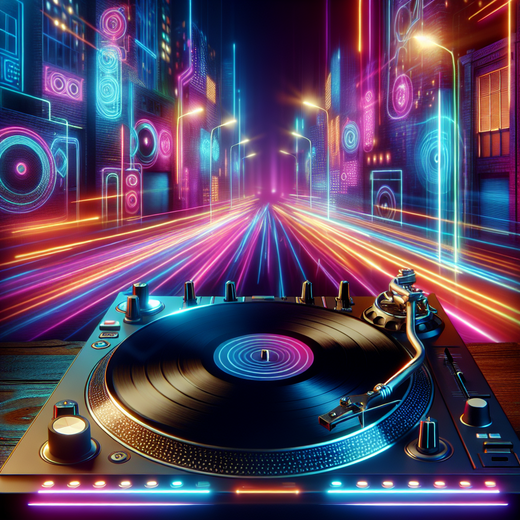 Una mesa de DJ con luces de neón que ilumina un vibrante fondo urbano, con discos girando bajo una iluminación dinámi…