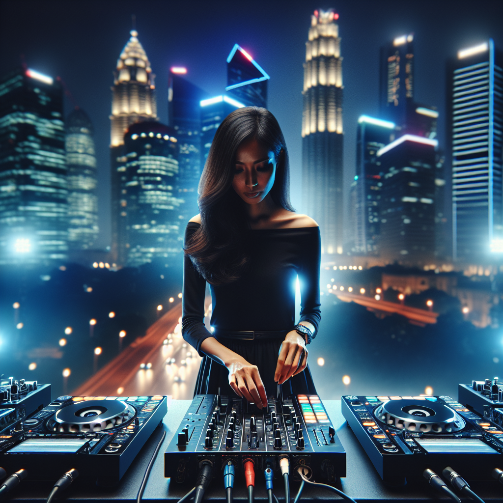 Vista de un DJ profesional rodeado de equipos modernos en un escenario con luces urbanas, enfatizando la atmósfera de…