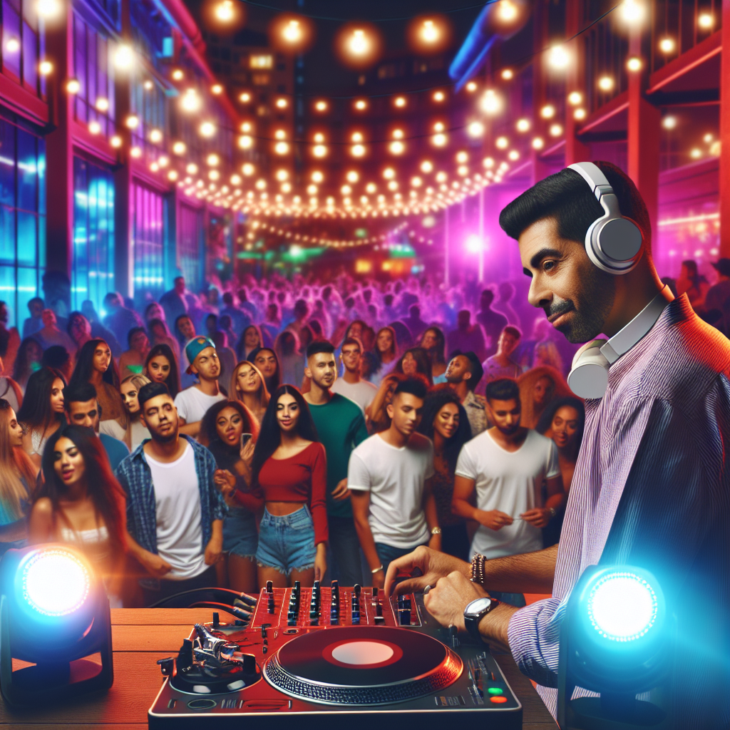 Una escena vibrante de un DJ tocando en un evento urbano en una discoteca moderna, con luces de colores creando una a…