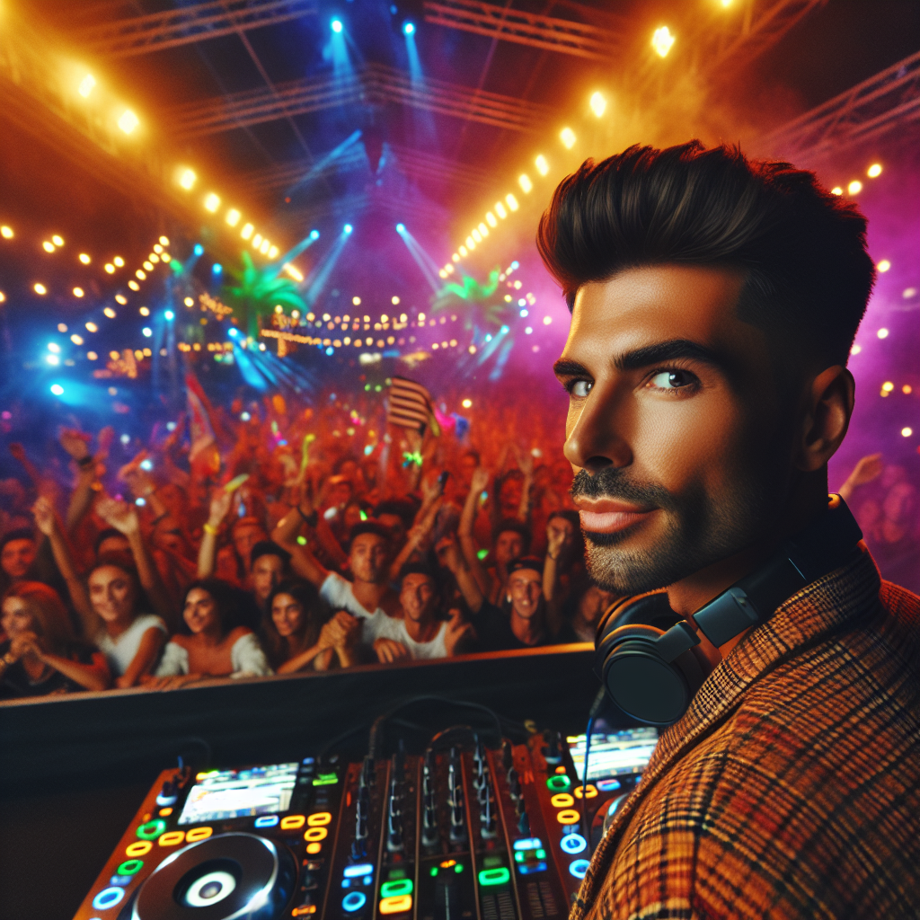 Vista sobre el hombro de un DJ urbano actuando en un festival nocturno, con luces de colores y una multitud animada e…