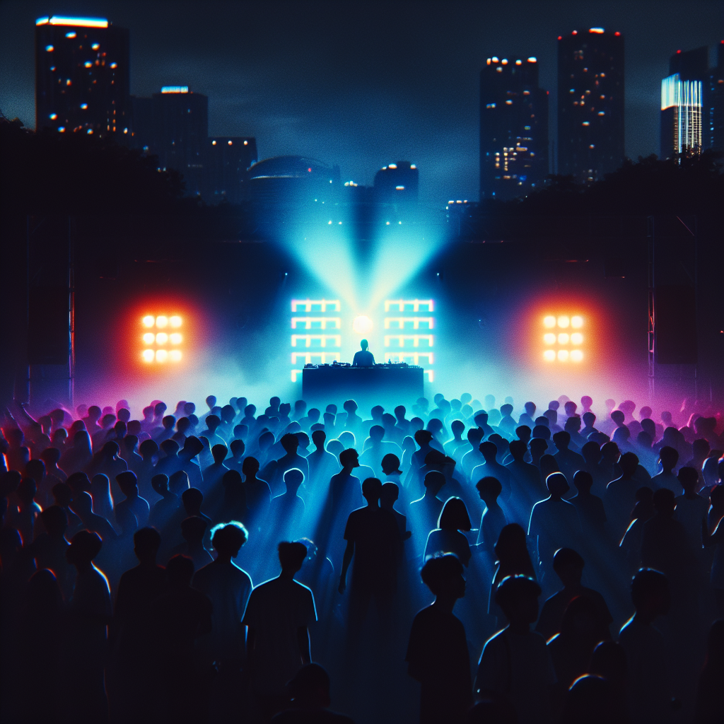 Una cabina de DJ iluminada por luces de neón en un festival nocturno urbano, con un público vibrante y diverso disfru…